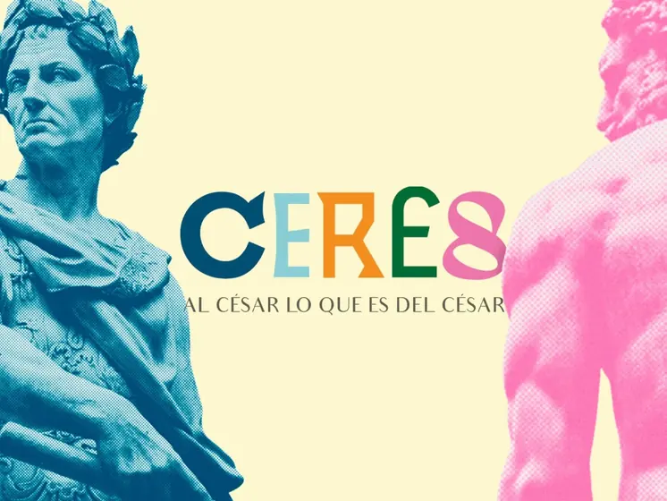 Logo de Ceres con letras de colores entre dos estatuas clásicas en halftone sobre fondo crema, por CBAS