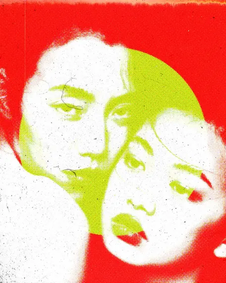 Mix, retrato doble en medios tonos rojo y verde lima, con dos rostros juntos sobre un círculo verde