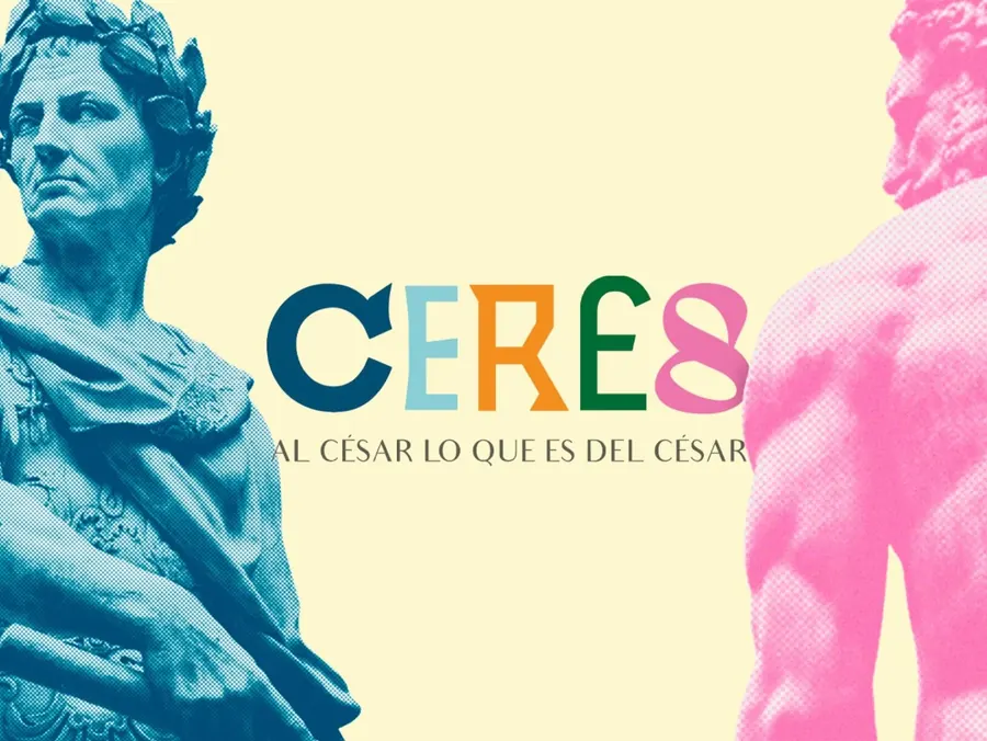 Logo de Ceres con letras de colores entre dos estatuas clásicas en halftone sobre fondo crema, por CBAS
