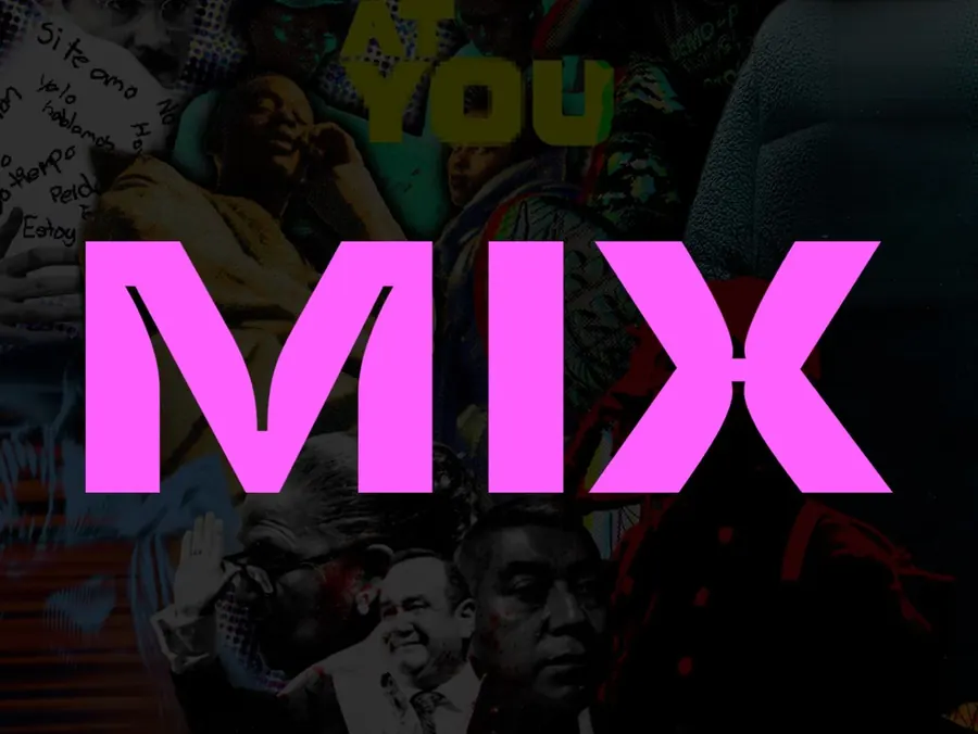 Mix por CBAS, título en rosa sobre un collage oscuro de retratos y textos manuscritos